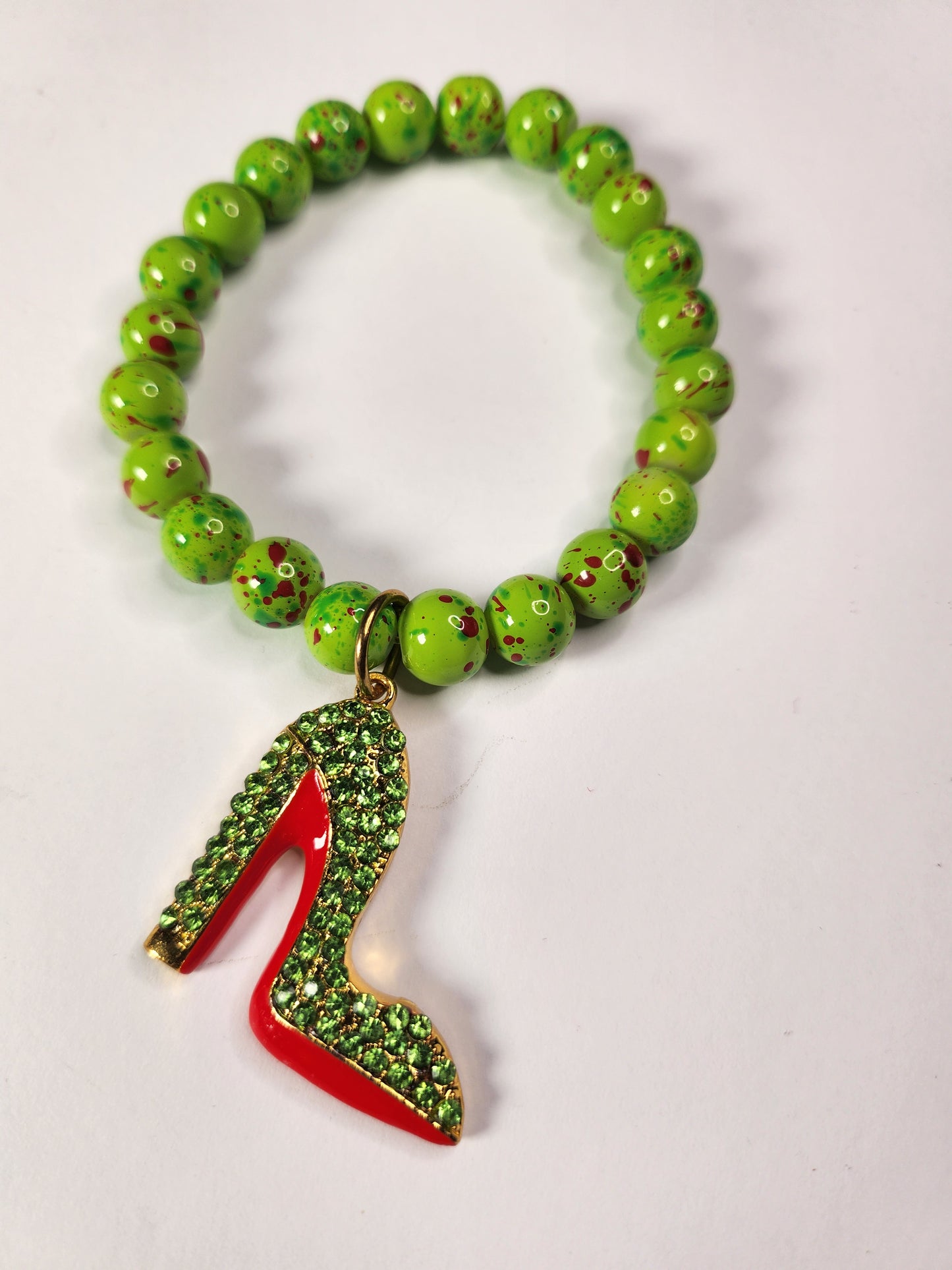 Green Red Bottom Shoe Charm on Neon Green Red Spotted
