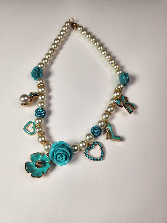 Tiffany Blue Roses & Charm Pearl Necklace