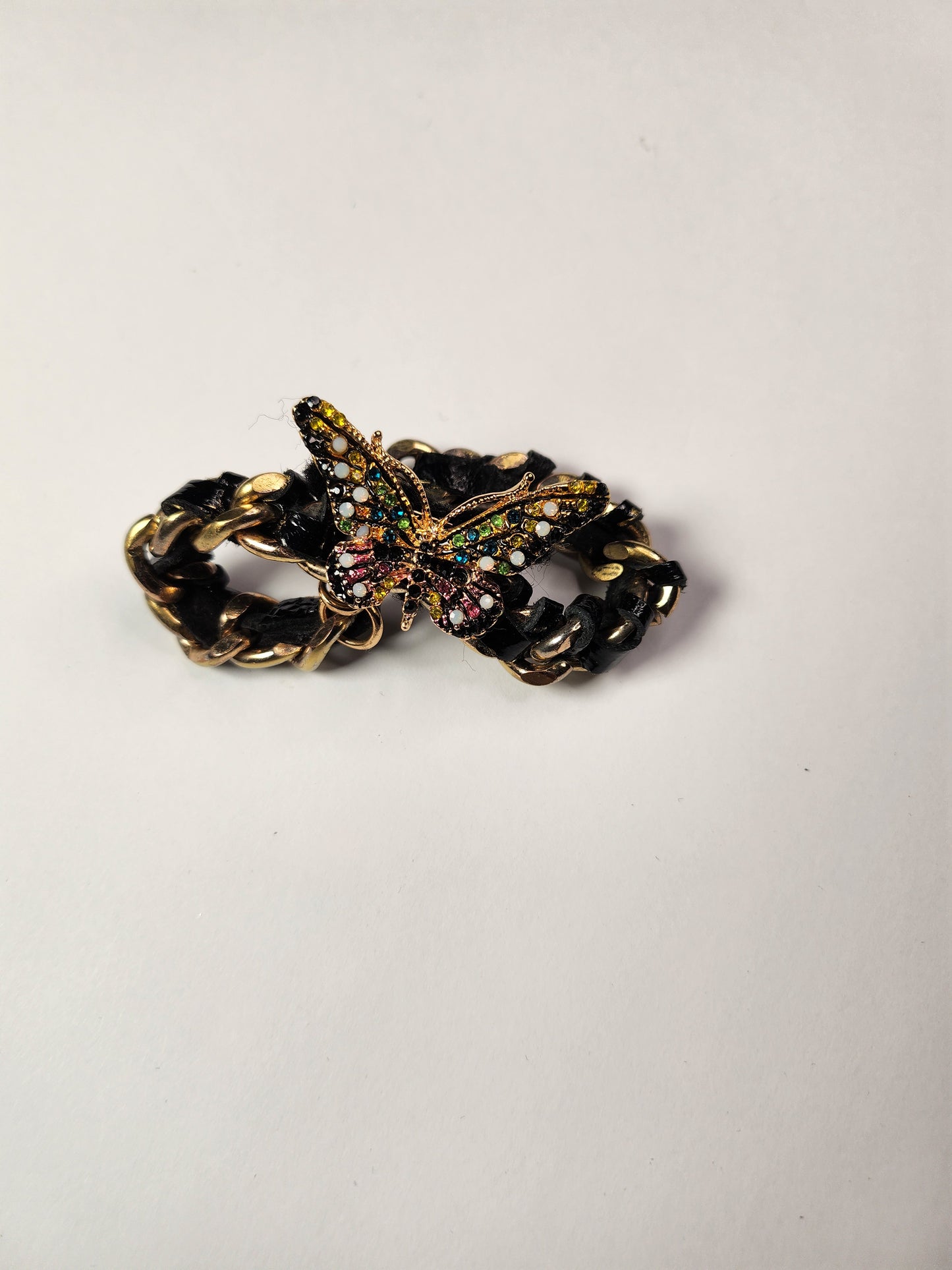 14kt Gold-Plated Link Chain Leather Wrapped Bracelet with Colorful Butterfly