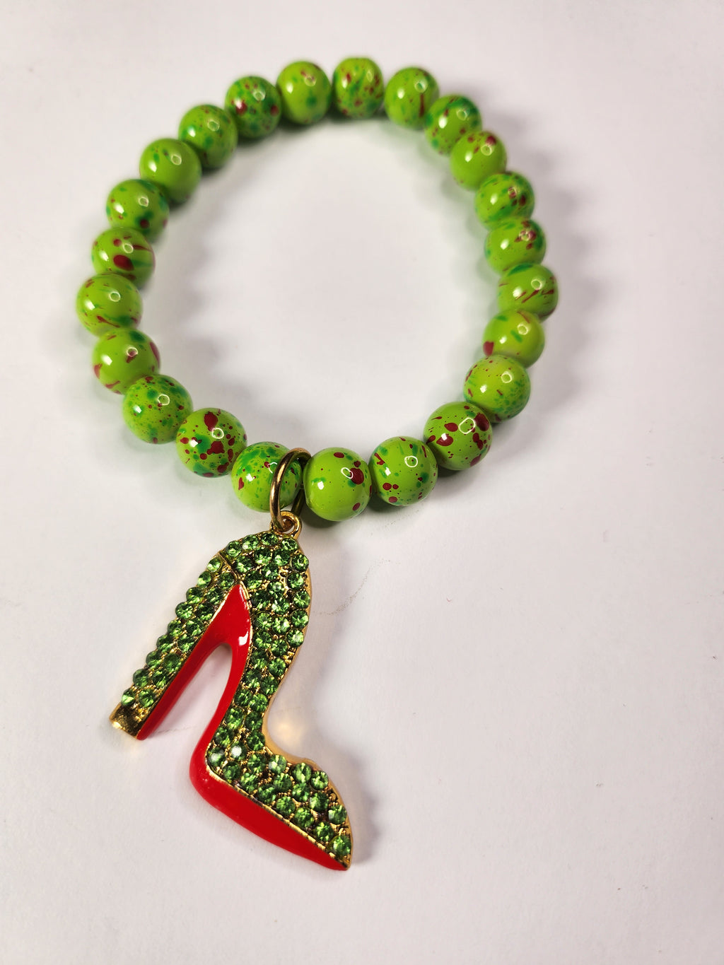 Green Red Bottom Shoe Charm on Neon Green Red Spotted