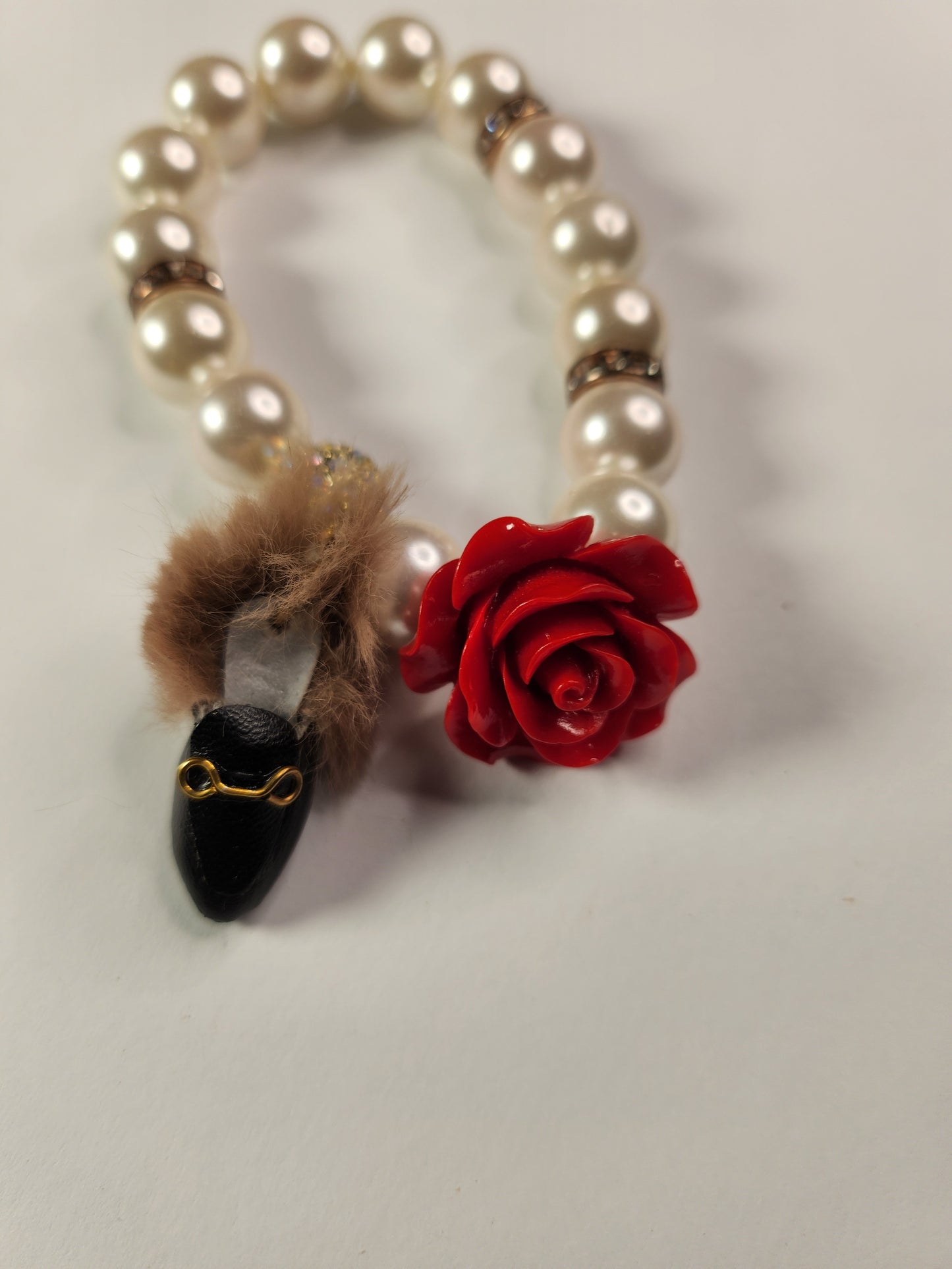 Red Quartzite Rose & Pearls with Gucci Inspired Fur Mule
