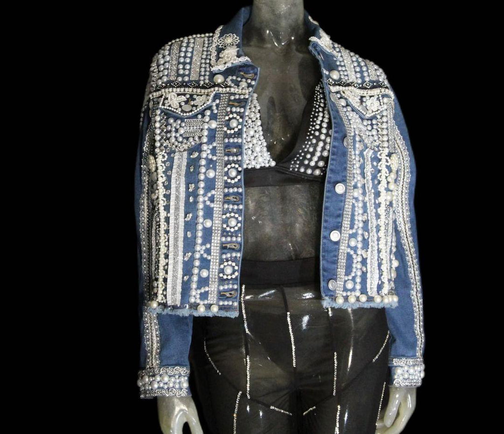 Natalia- Blue Denim Pearl Beaded Jacket