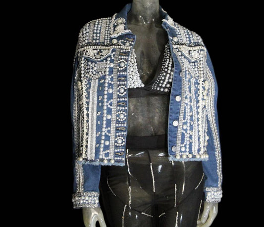 Natalia- Blue Denim Pearl Beaded Jacket