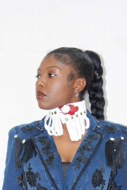 Rosey - White Leather Looped Rose Lock Necklace