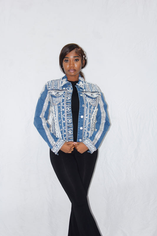 Natalia- Blue Denim Pearl Beaded Jacket