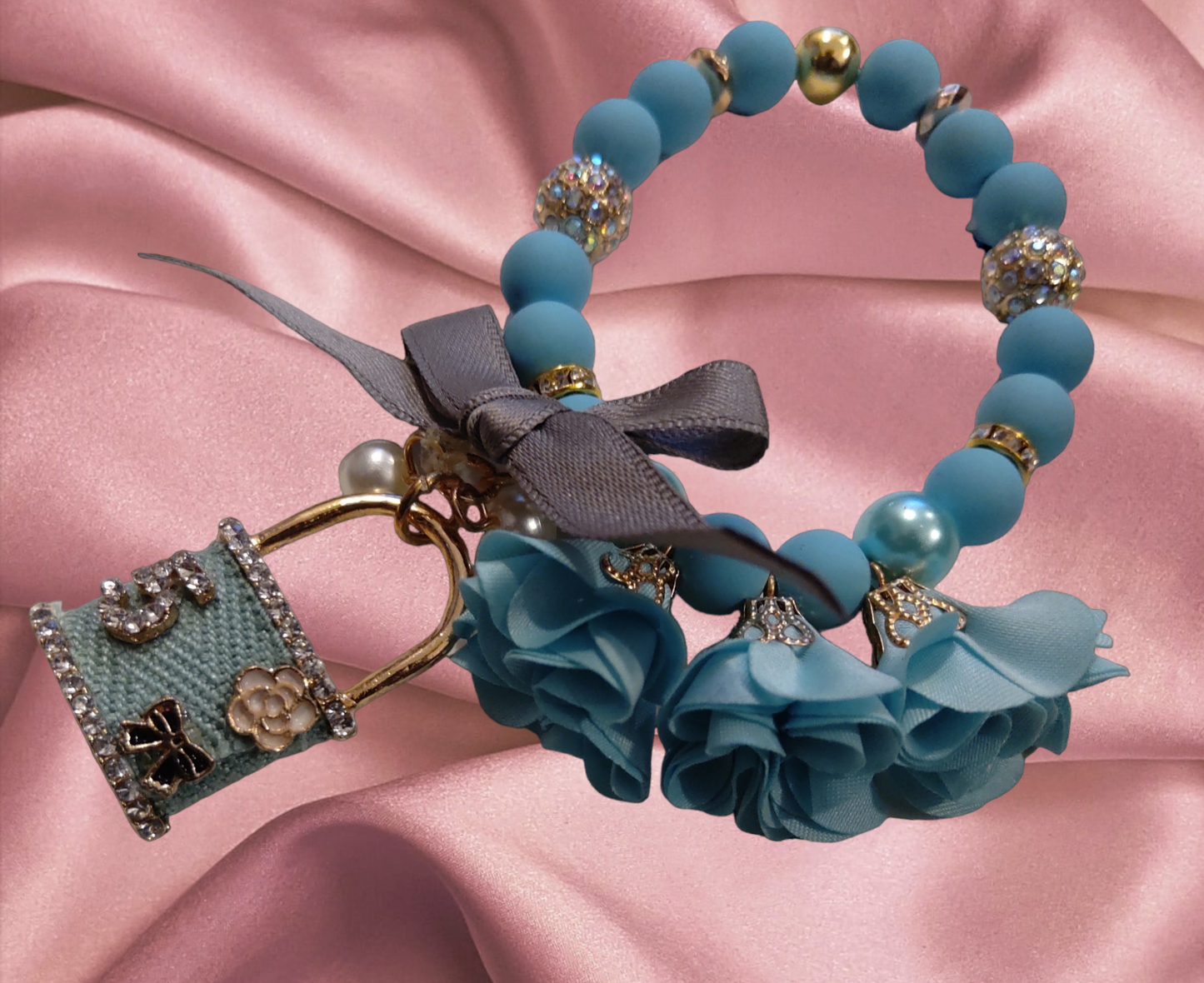 Barbie Inspired Tiffany Blue Flowered Bow &  Lock Bracelet