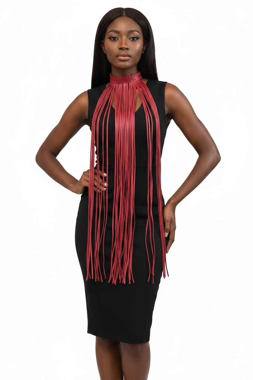African American model with exact red fringe necklace