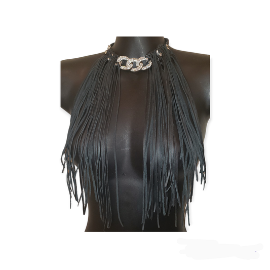 Star Studded Black Leather Fringe